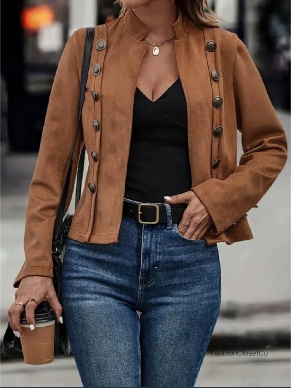 Faux Suede Cropped Jacket Double Breasted Long Sleeve Deerskin Vintage Coat - Picture 2 of 4